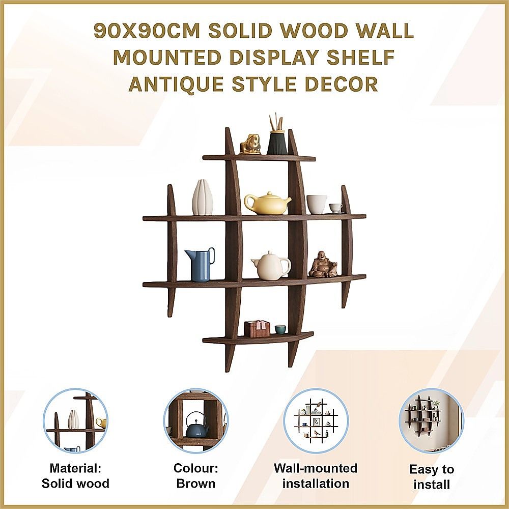 90x90cm Solid Wood Wall Mounted Display Shelf Antique Style Decor