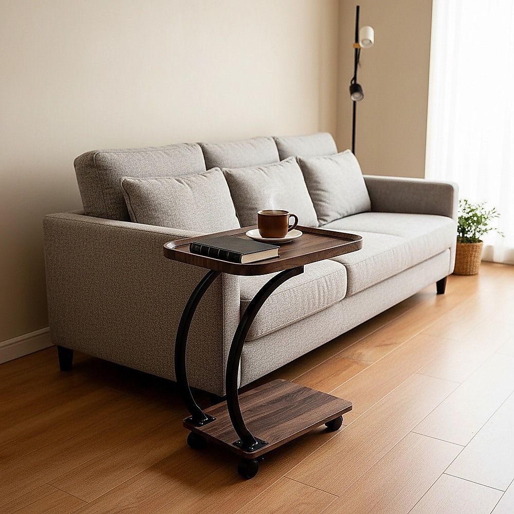 C-Shaped Corner End Table with Wheels Sofa Side