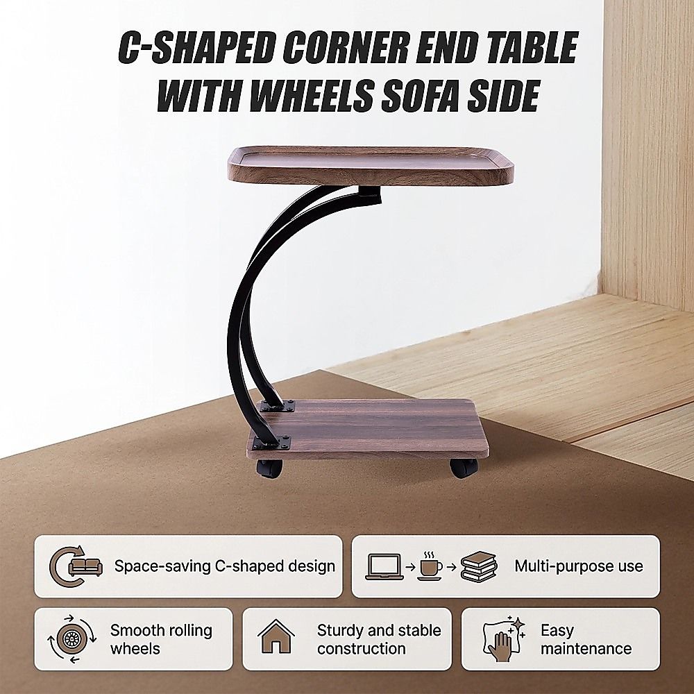 C-Shaped Corner End Table with Wheels Sofa Side