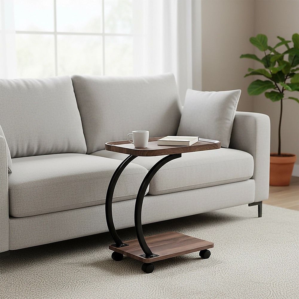 C-Shaped Corner End Table with Wheels Sofa Side