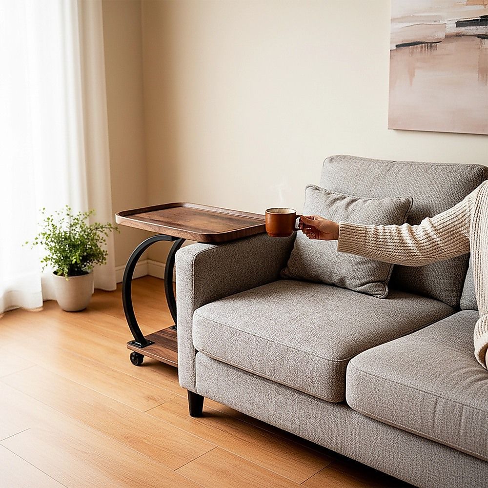 C-Shaped Corner End Table with Wheels Sofa Side