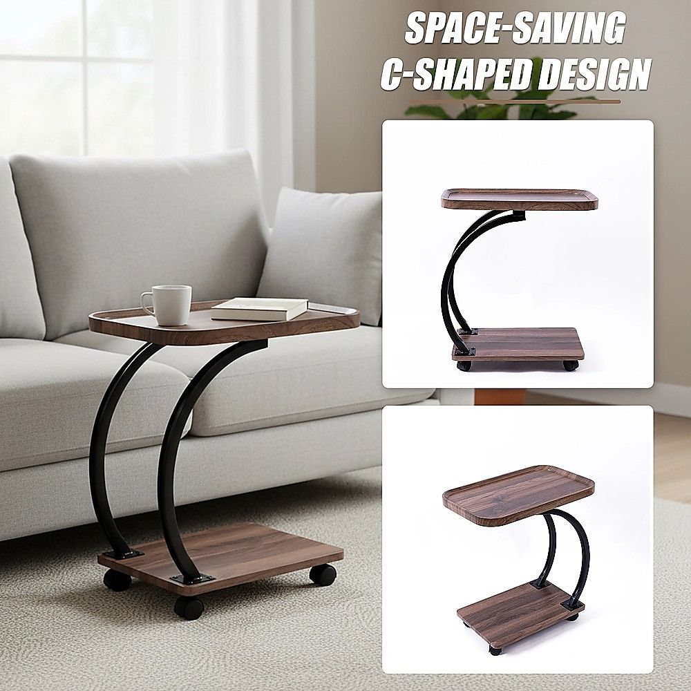 C-Shaped Corner End Table with Wheels Sofa Side