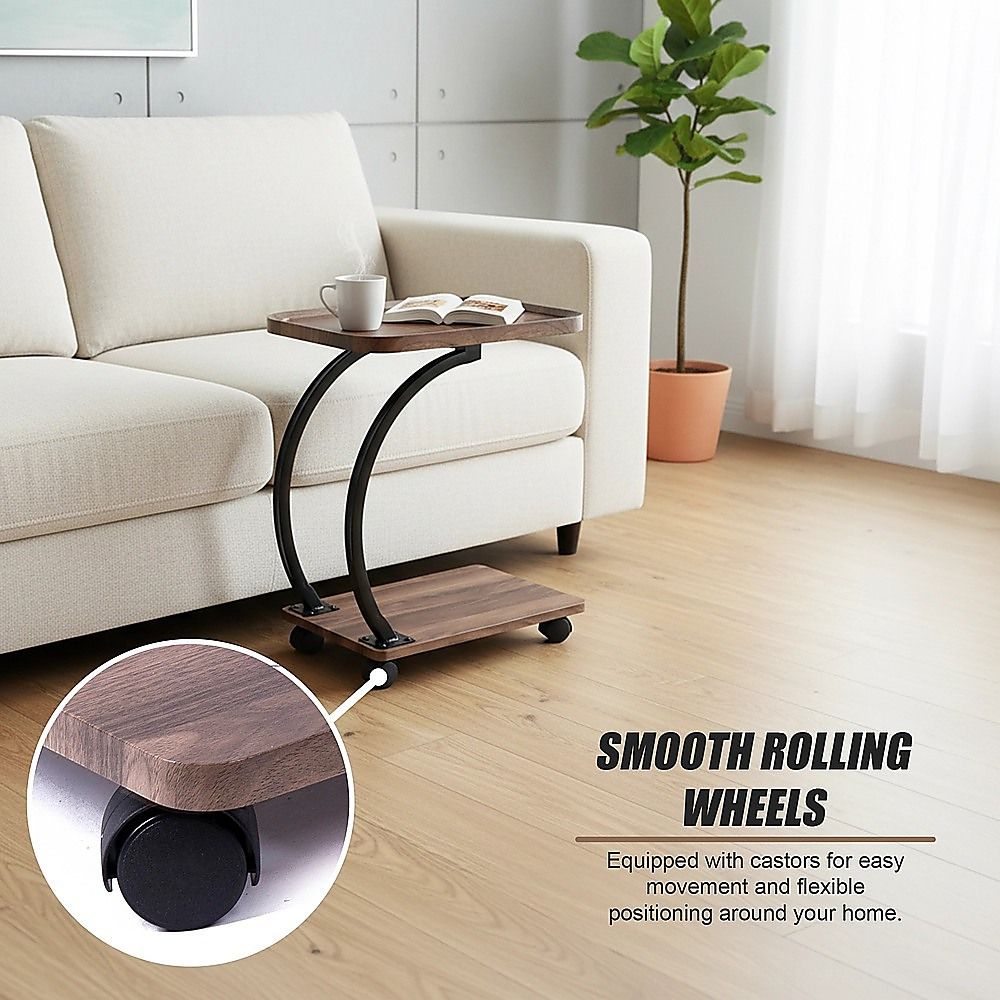 C-Shaped Corner End Table with Wheels Sofa Side