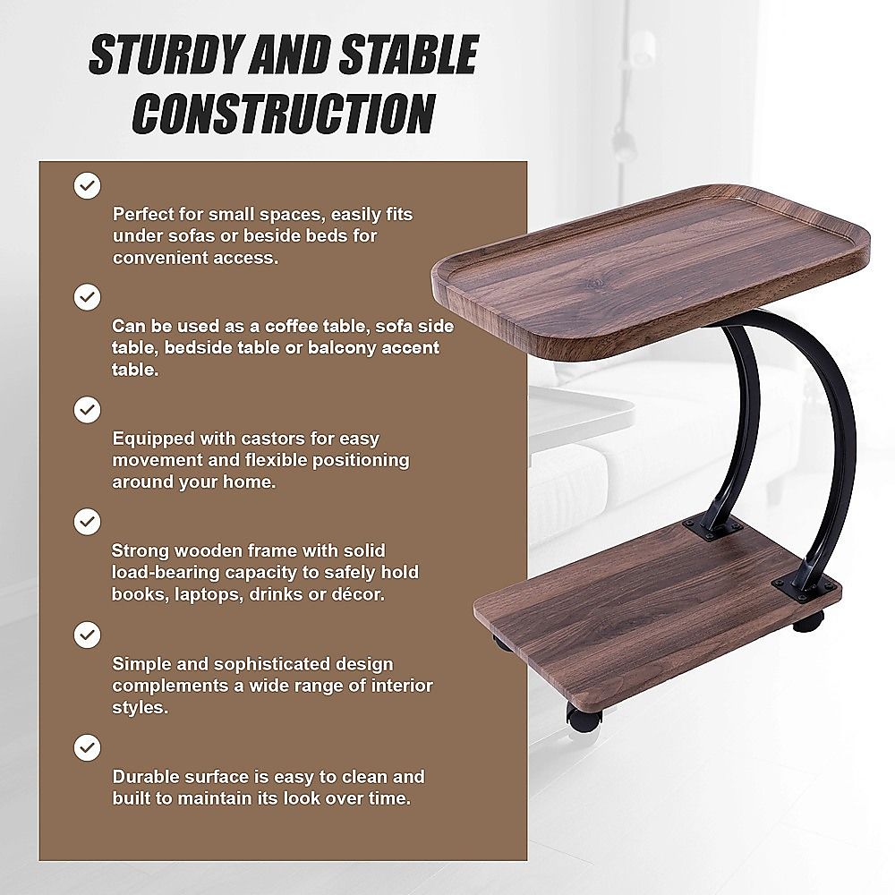 C-Shaped Corner End Table with Wheels Sofa Side
