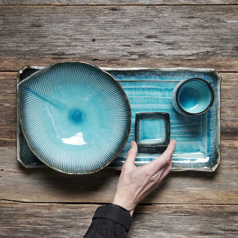 Bowl Shallow Leaf Shape 25cm Sky Blue Glaze