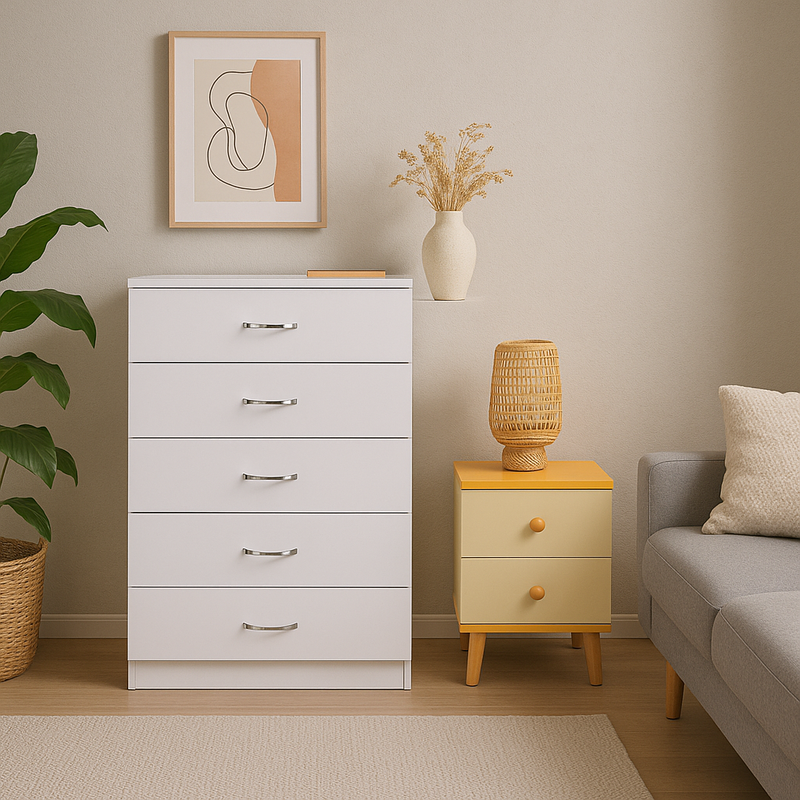 NNECN 5 Layer White Drawer Chest Storage with Bedside Table