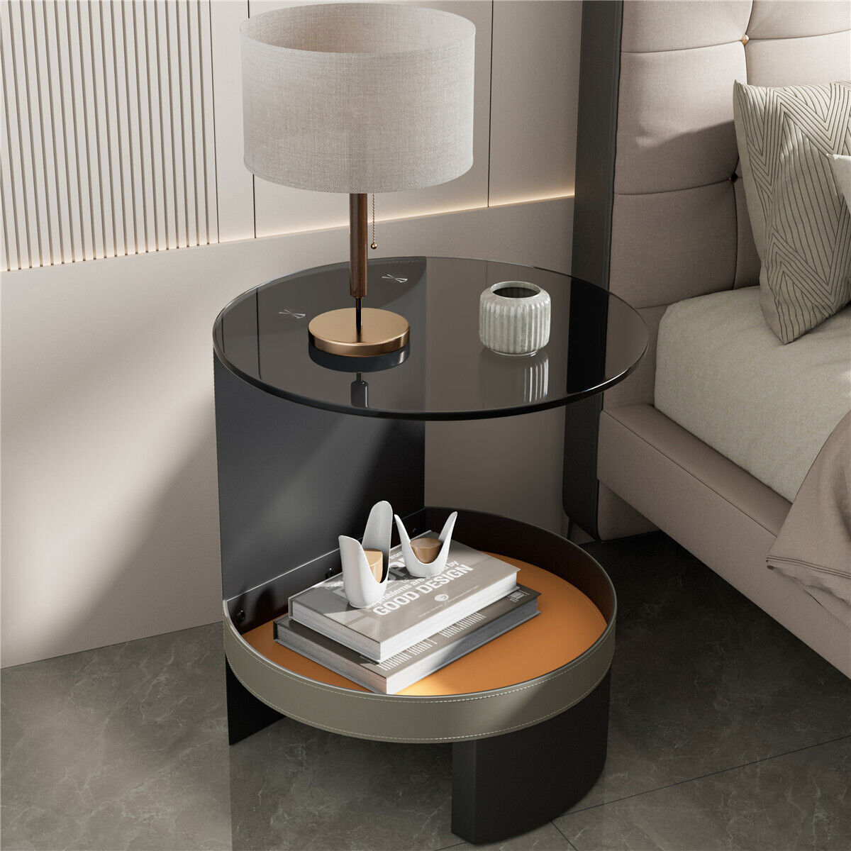 2 Tier Luxury Side End Table Glass Top Saddle Leather Storage Shelf Accent Table