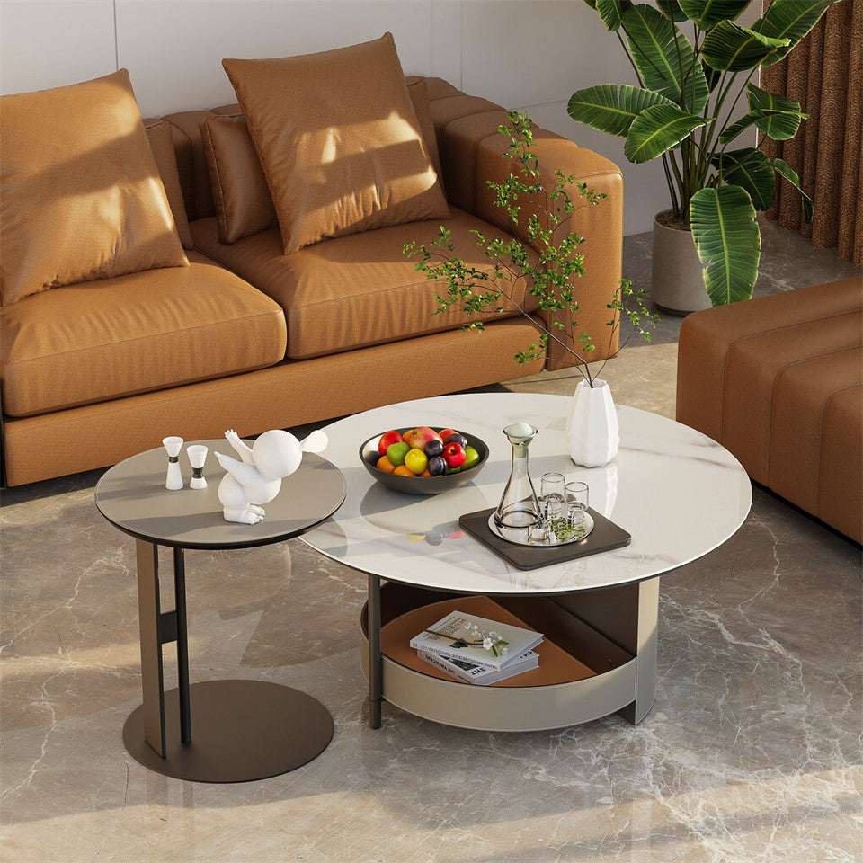 Xl Chic Sintered Stone Top Coffee Center Table Saddle Leather Shelf Accent Table