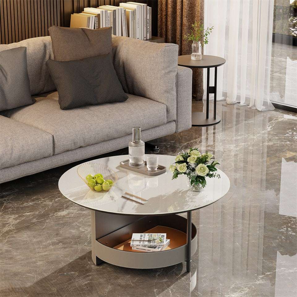 Xl Chic Sintered Stone Top Coffee Center Table Saddle Leather Shelf Accent Table