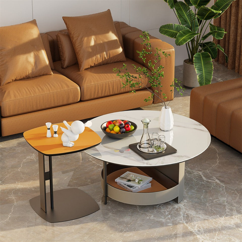 Xl Chic Sintered Stone Top Coffee Center Table Saddle Leather Shelf Accent Table