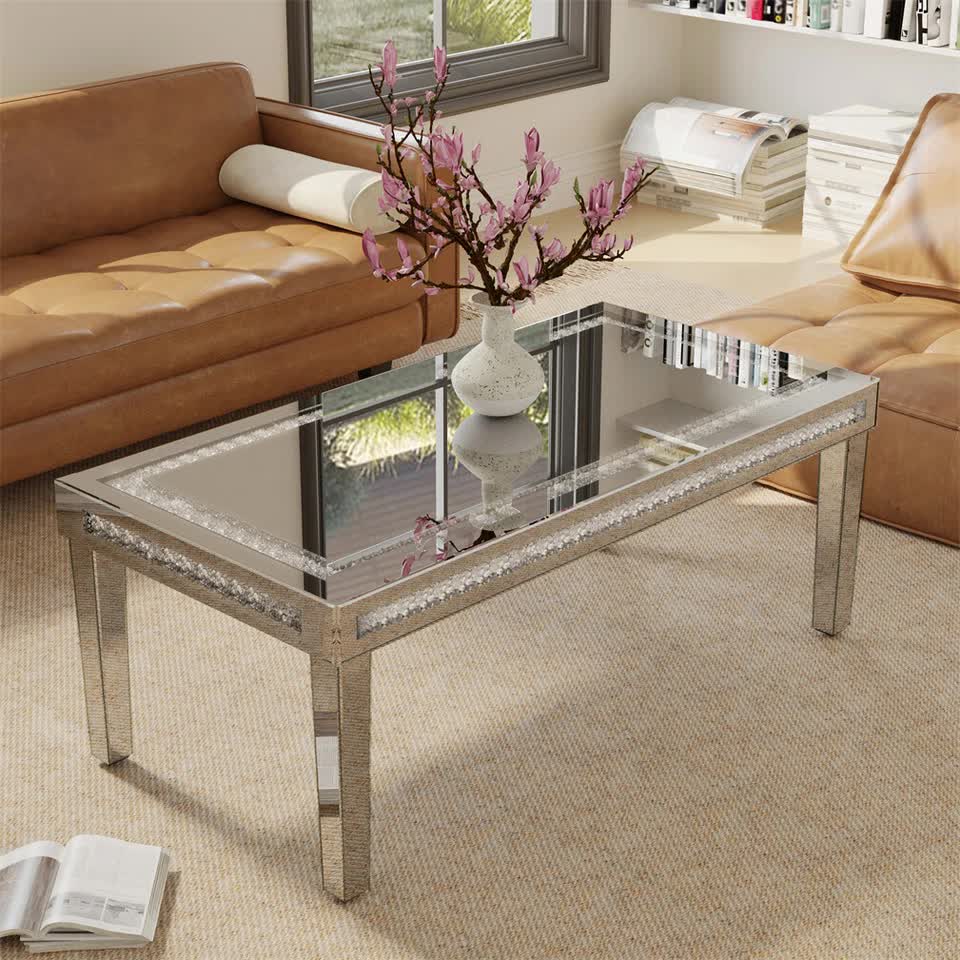 Silver Mirrored Coffee Table with Crushed Crystal Diamond Inlay Rectangular Center Table for Living Room