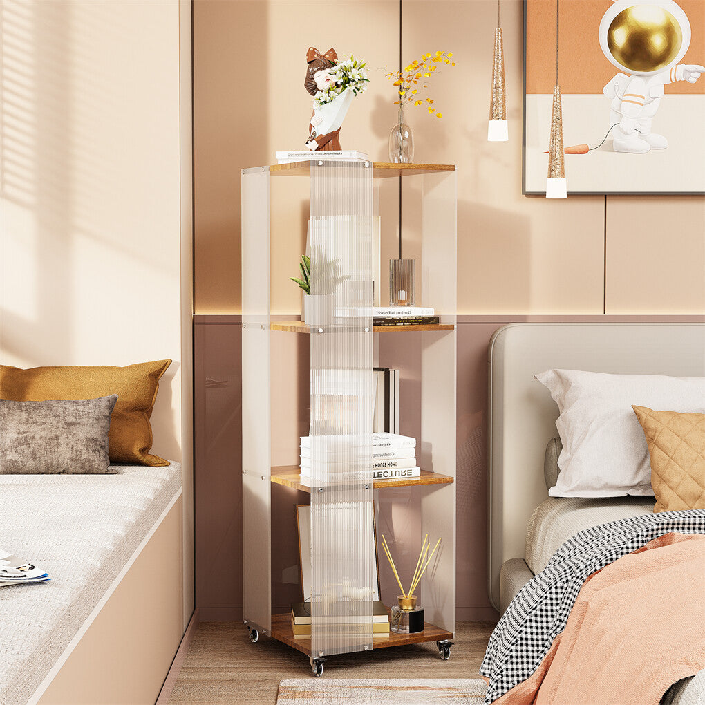 4-Tiered Floor Standing Storage Rack Acrylic Bookshelf with Crystal-like Casters