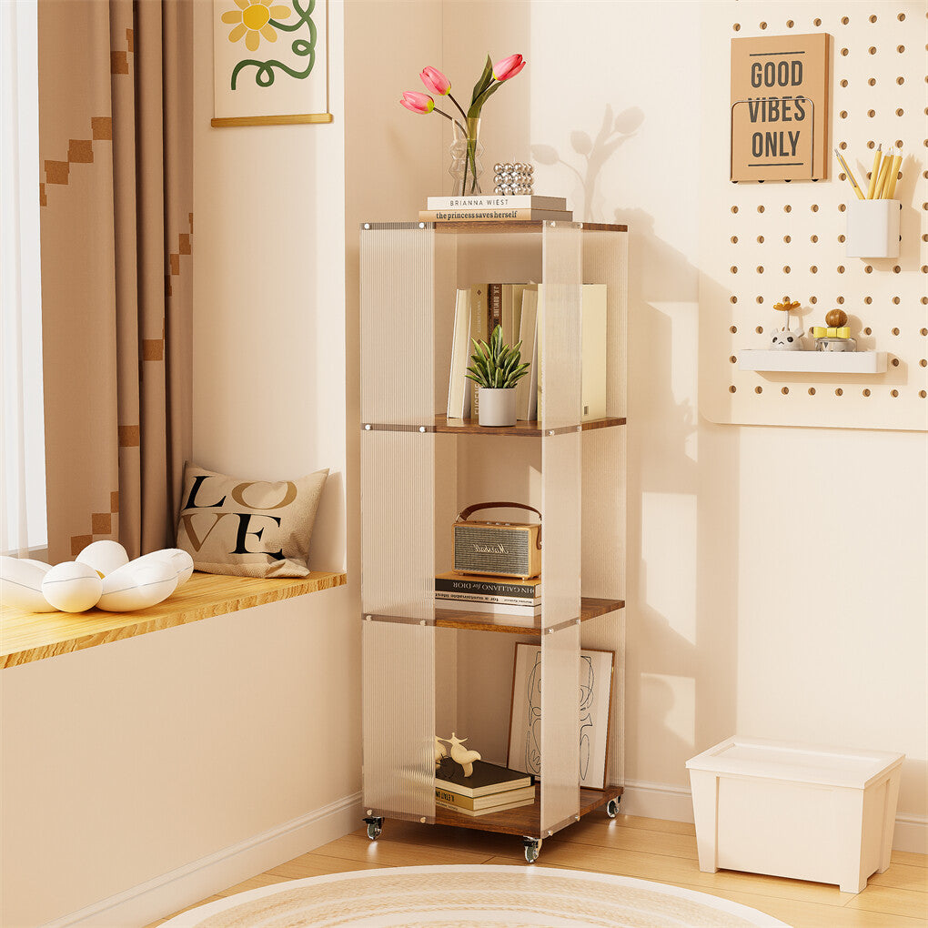 4-Tiered Floor Standing Storage Rack Acrylic Bookshelf with Crystal-like Casters