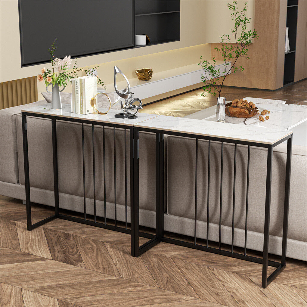 80cm White & Grey Sintered Stone Console Table Storage Table Behind Sofa W/ Black Metal Frame