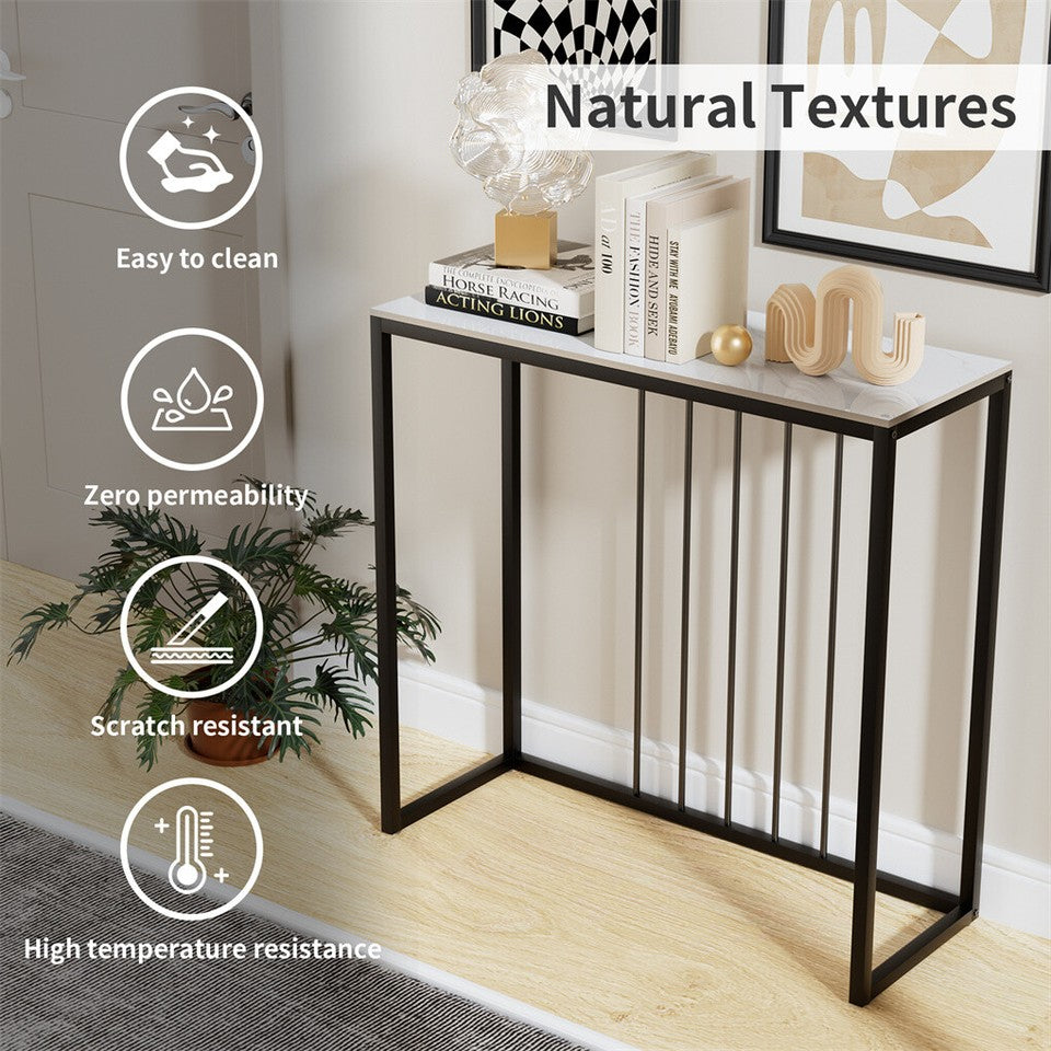 80cm White & Grey Sintered Stone Console Table Storage Table Behind Sofa W/ Black Metal Frame