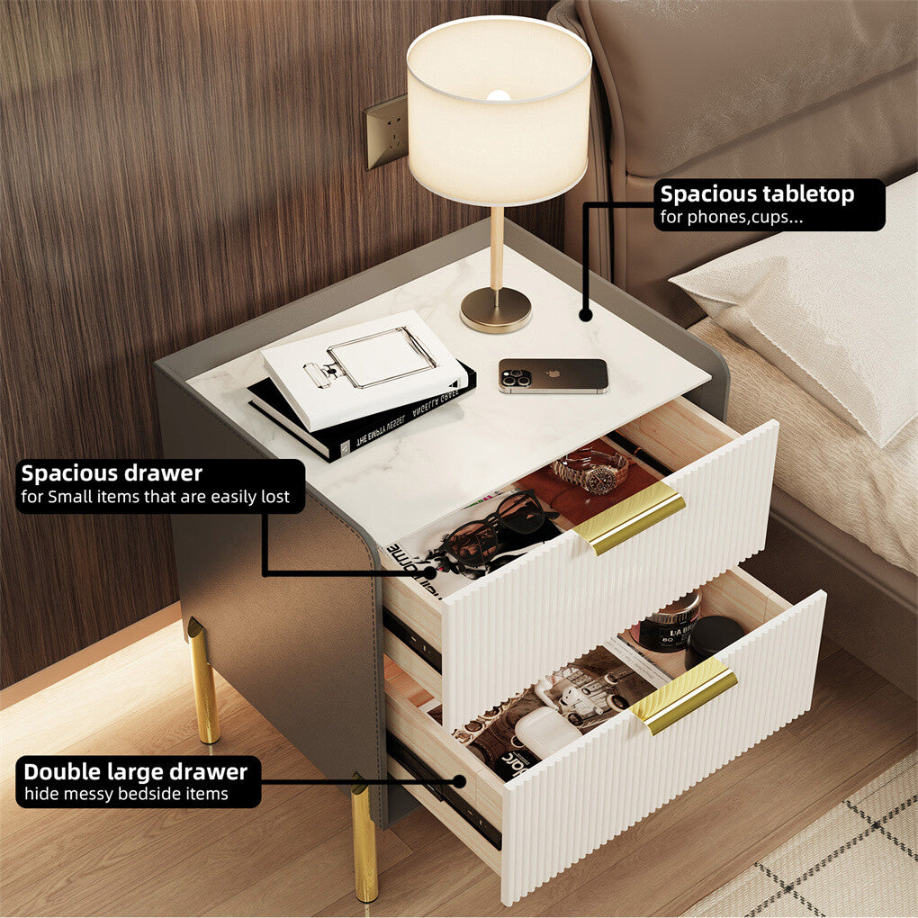3 Tier Leather Sides Bedside Table Wooden Nighstand Marble Top Luxury Furniture