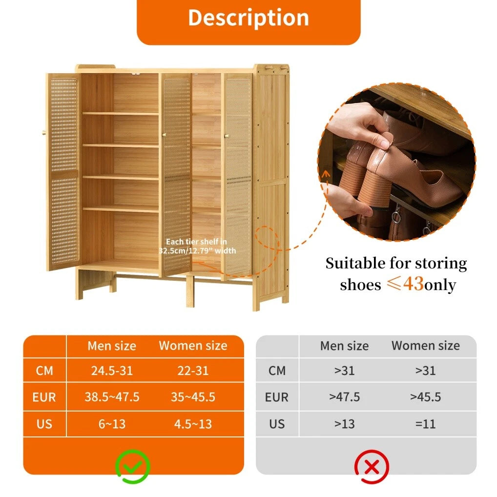 Modern Bamboo Shoe Rack Storage Cabinet with 3 Woven Rattan Doors, 5-Tier Shoe Organizer Shelf Cupboard for Entryway, Hallway, Bedroom - Natural Wood