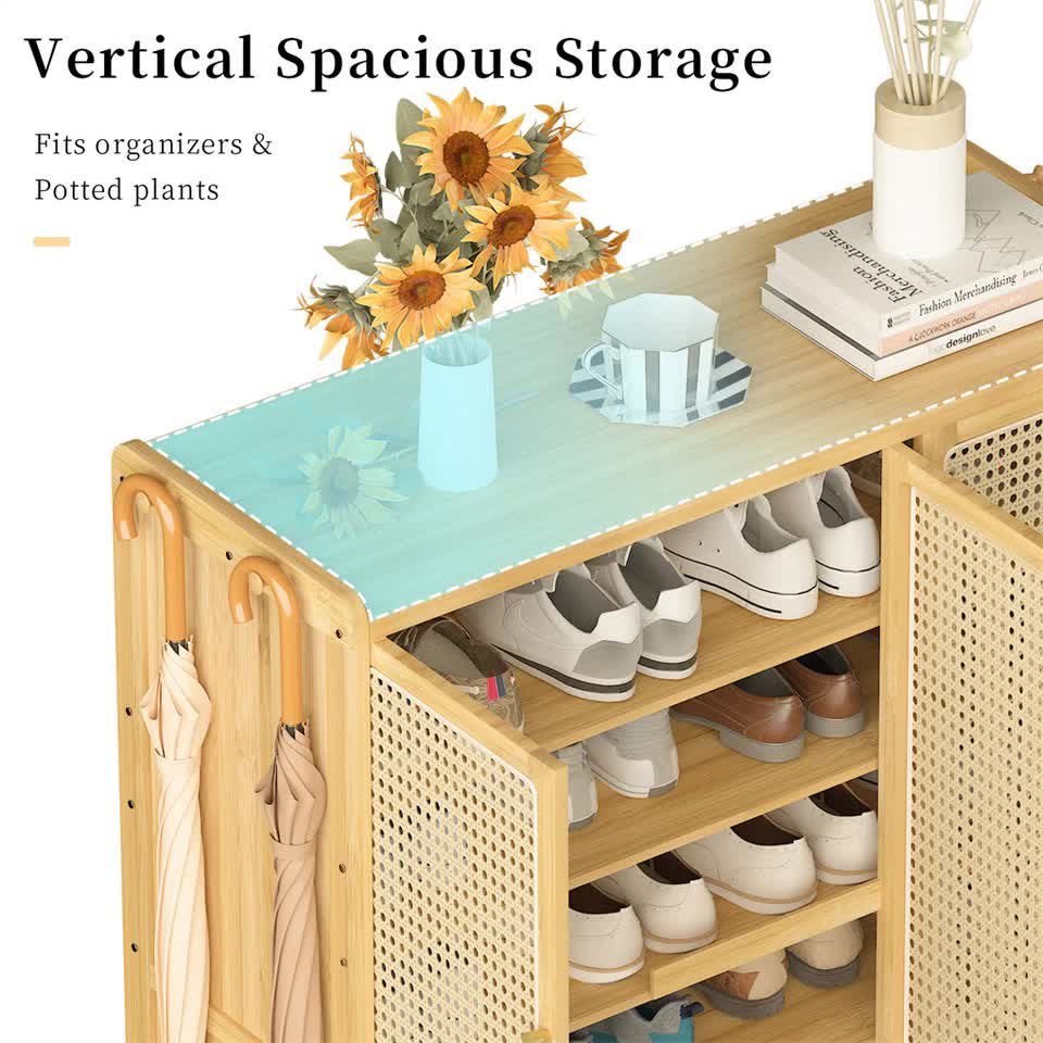 Modern Bamboo Shoe Rack Storage Cabinet with 3 Woven Rattan Doors, 5-Tier Shoe Organizer Shelf Cupboard for Entryway, Hallway, Bedroom - Natural Wood
