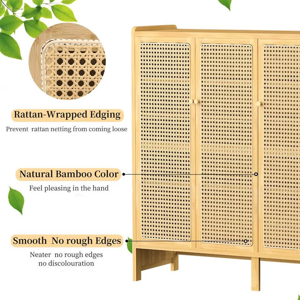 Modern Bamboo Shoe Rack Storage Cabinet with 3 Woven Rattan Doors, 5-Tier Shoe Organizer Shelf Cupboard for Entryway, Hallway, Bedroom - Natural Wood