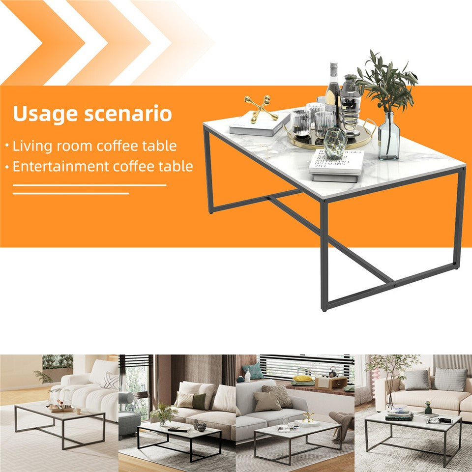 Extra Thick Marble Coffee Table White Sintered Stone Rectangular Center Table with Black Metal Frame