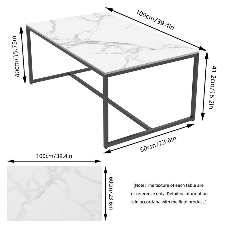 Extra Thick Marble Coffee Table White Sintered Stone Rectangular Center Table with Black Metal Frame