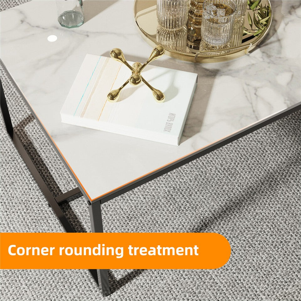Extra Thick Marble Coffee Table White Sintered Stone Rectangular Center Table with Black Metal Frame