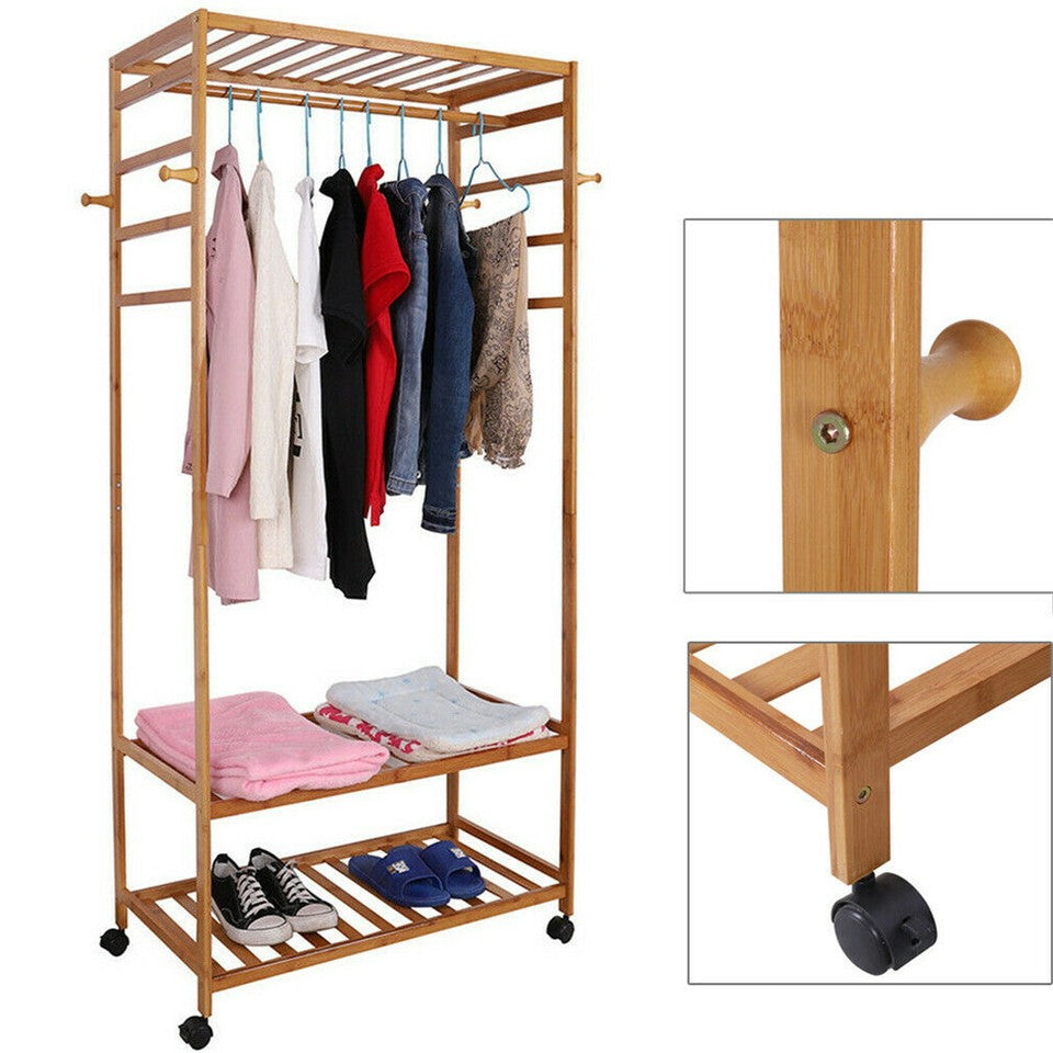 169cm Mildrew-proof Bamboo Clothes Shelves Stand On Wheels Coat Shoes Bags Rack