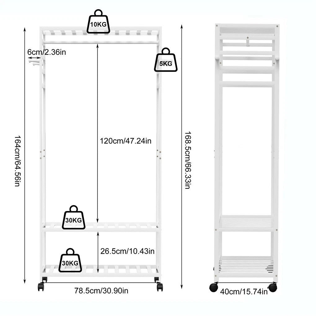 XXL Bamboo Clothes Rail Coat Rack with Wheels, Wooden Open Wardrobe Garment Organizer with Hanging Rod, Shelves and Hooks, White Freestanding Clothes Stand