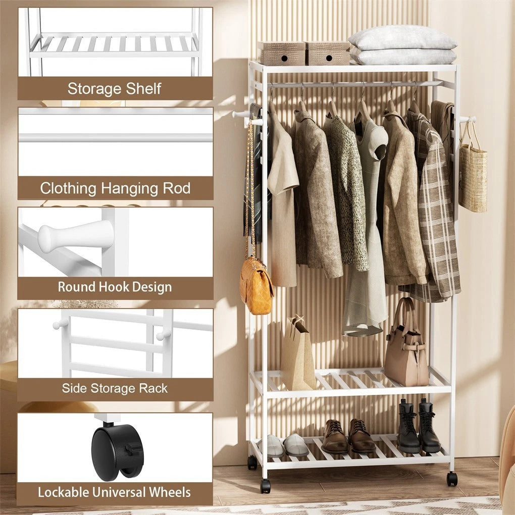 XXL Bamboo Clothes Rail Coat Rack with Wheels, Wooden Open Wardrobe Garment Organizer with Hanging Rod, Shelves and Hooks, White Freestanding Clothes Stand