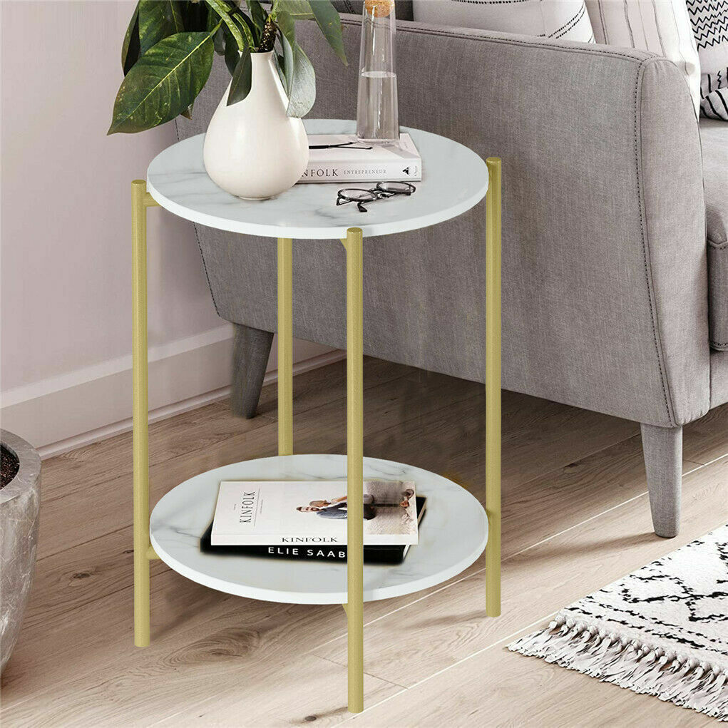 e Store - Marble Sofa Side End Table/Coffee Table with Shelf & Gold Iron Legs
