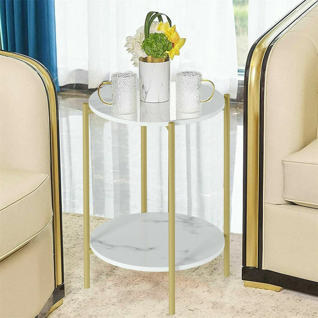 e Store - Marble Sofa Side End Table/Coffee Table with Shelf & Gold Iron Legs