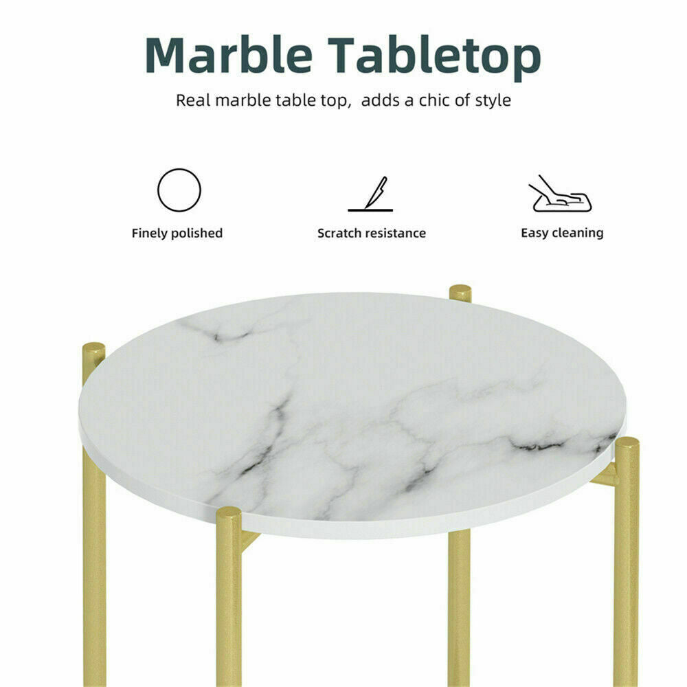 e Store - Marble Sofa Side End Table/Coffee Table with Shelf & Gold Iron Legs