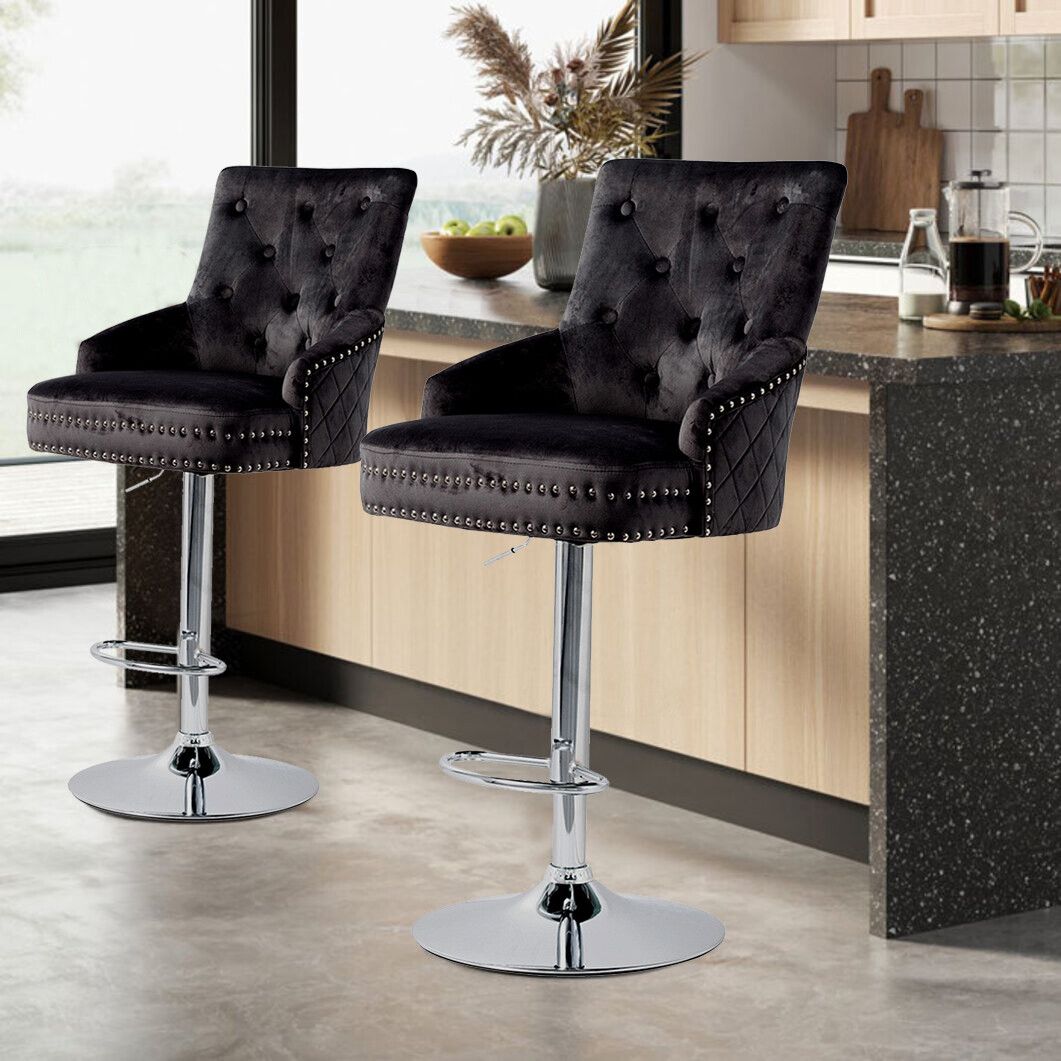Luxury Black Velvet Swivel Bar Stool With Lion Knocker