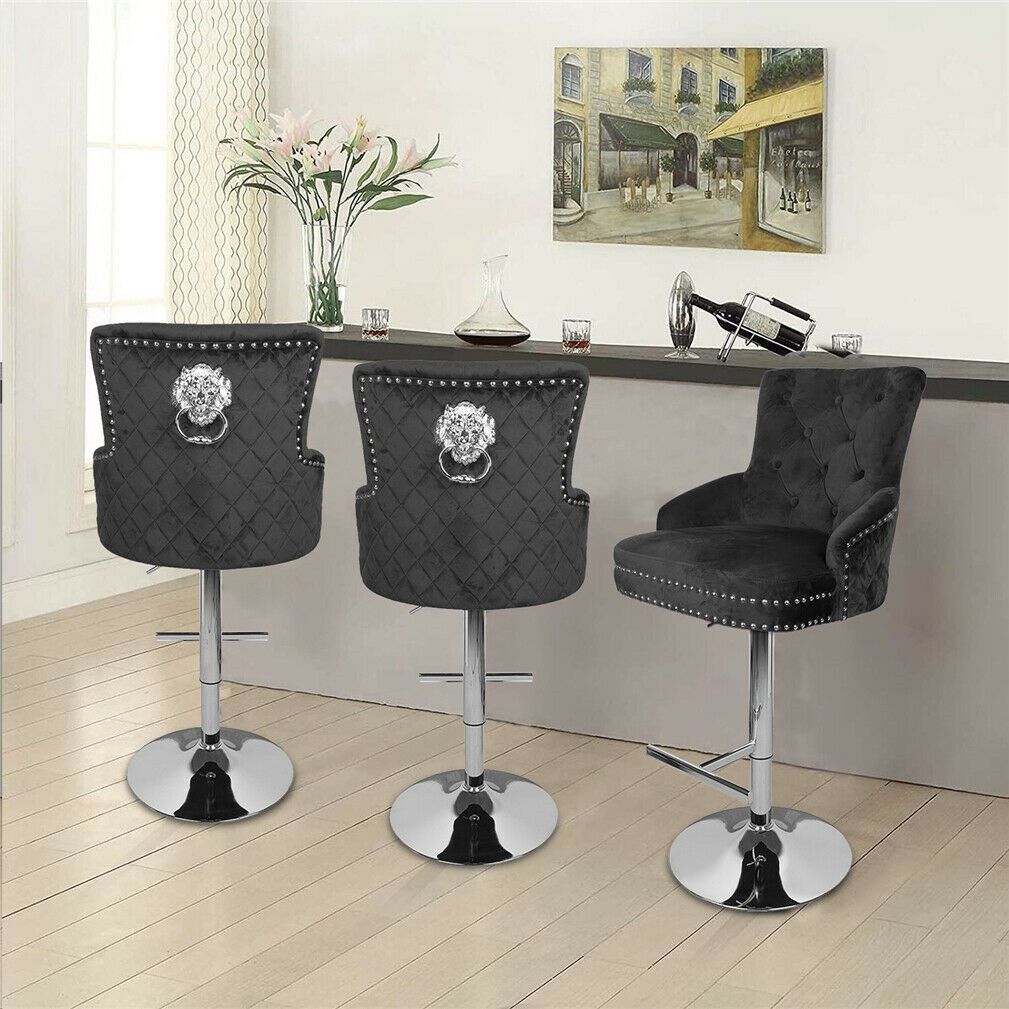 Luxury Black Velvet Swivel Bar Stool With Lion Knocker