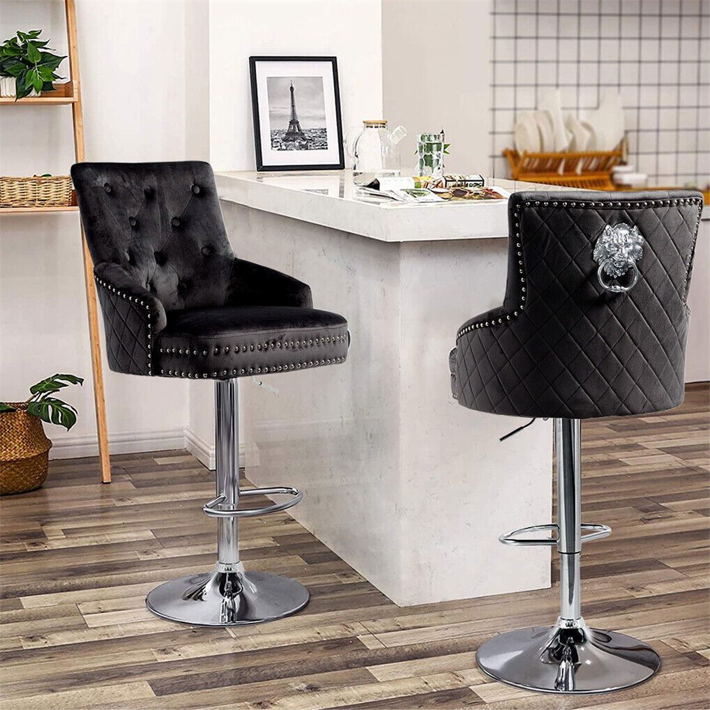 Luxury Black Velvet Swivel Bar Stool With Lion Knocker