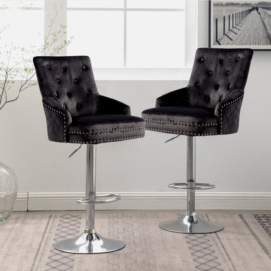 Luxury Black Velvet Swivel Bar Stool With Lion Knocker