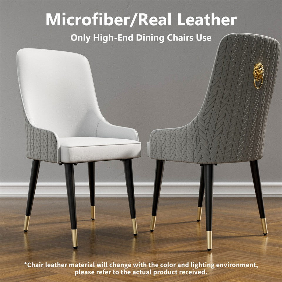 High-End Grey Dining Chairs Set of 2 Faux Leather Upholstered Kitchen Chairs with Gold Lion Head
