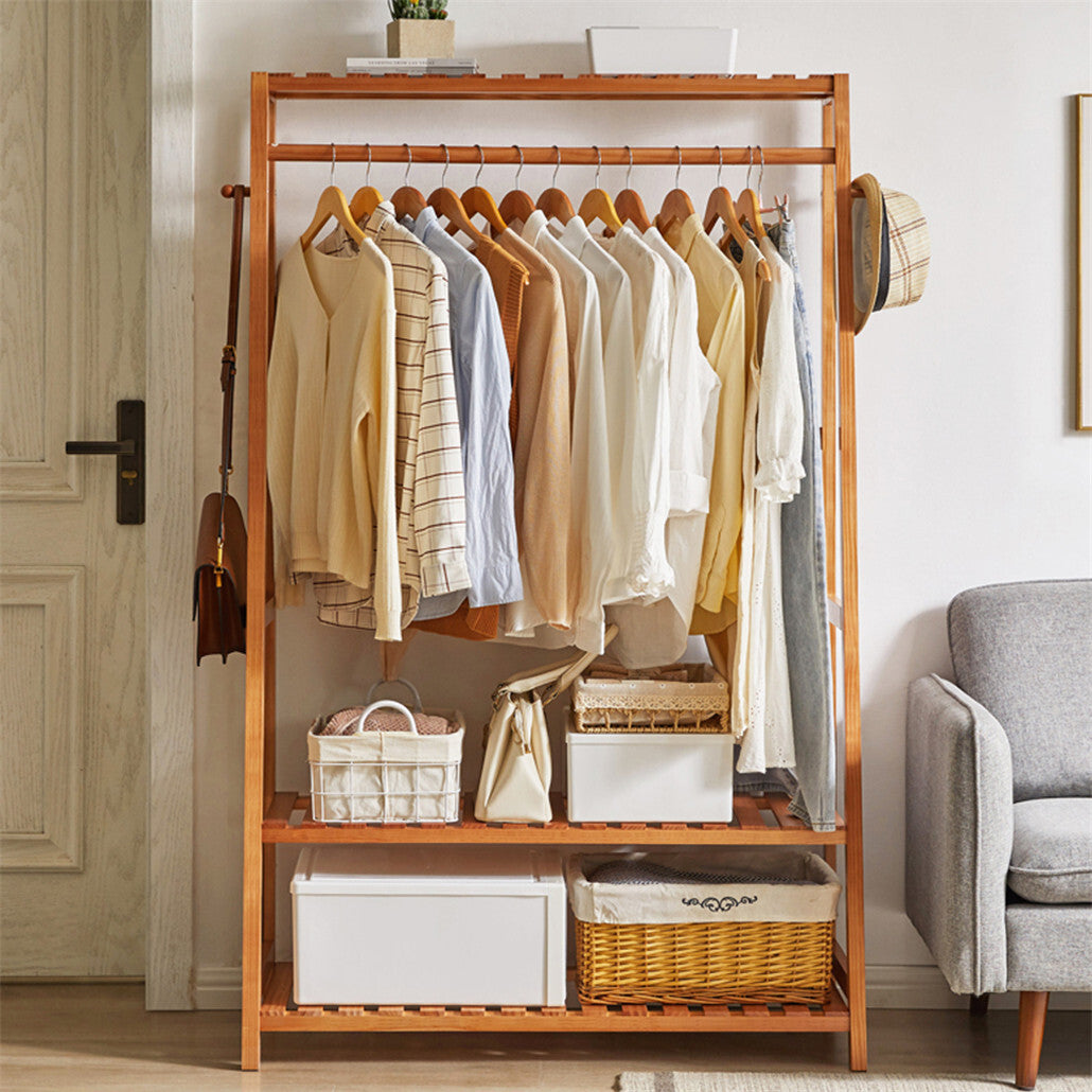 Bamboo Clothes Hanging Garment Rack Portable Laundry Rack Closet Storage Shelves