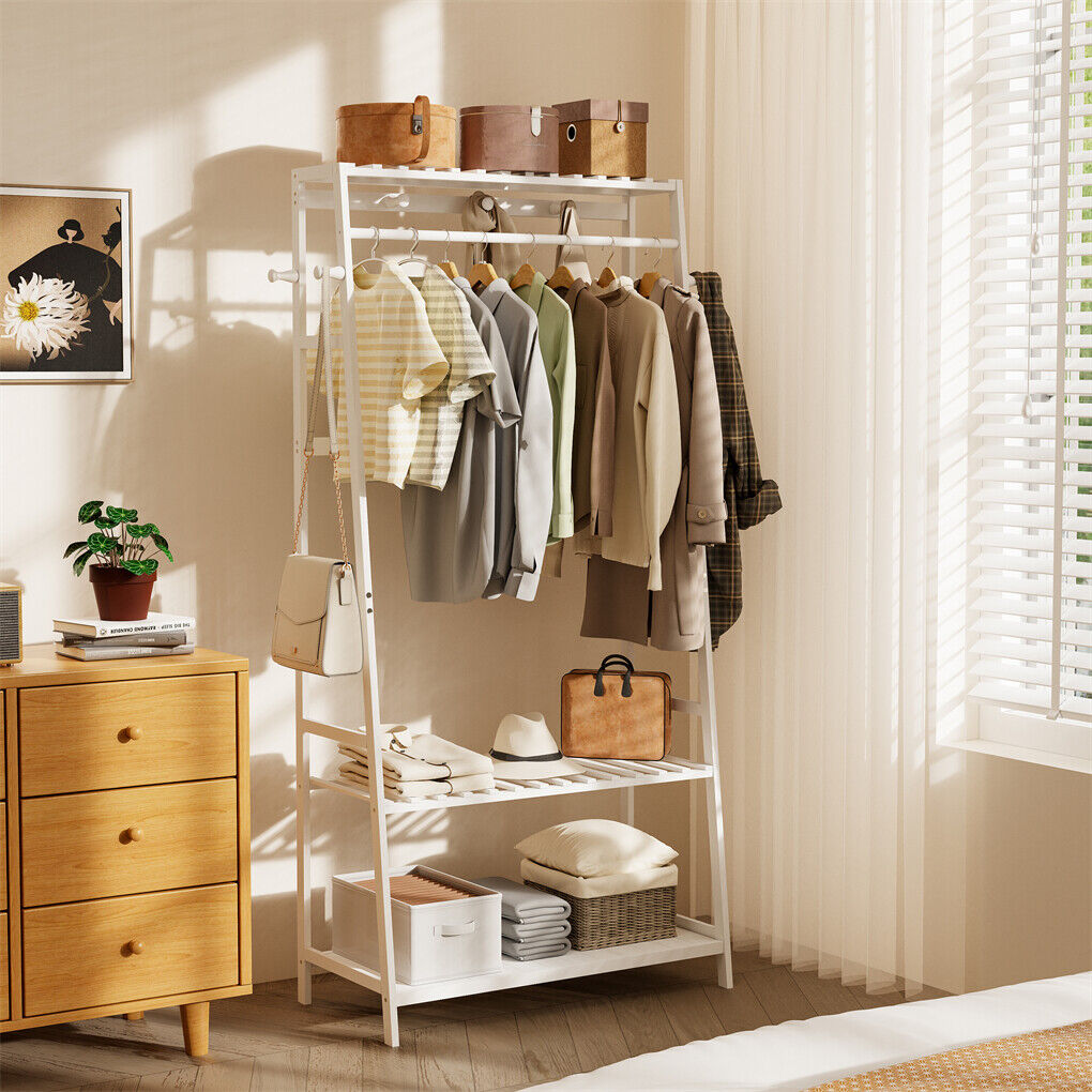 Large White Bamboo Garment Clothes Rack Shoes Coats Shelf w/ 3 Shelves & 10 Hook