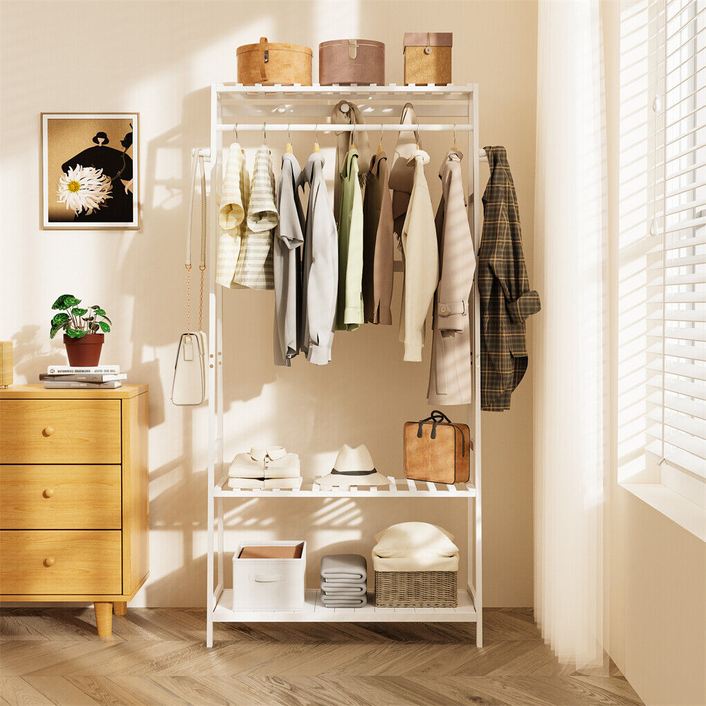 Large White Bamboo Garment Clothes Rack Shoes Coats Shelf w/ 3 Shelves & 10 Hook