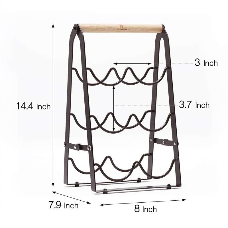 Rustic 6-Bottle Foldable Wine Rack - Metal Countertop Holder with Wooden Handle