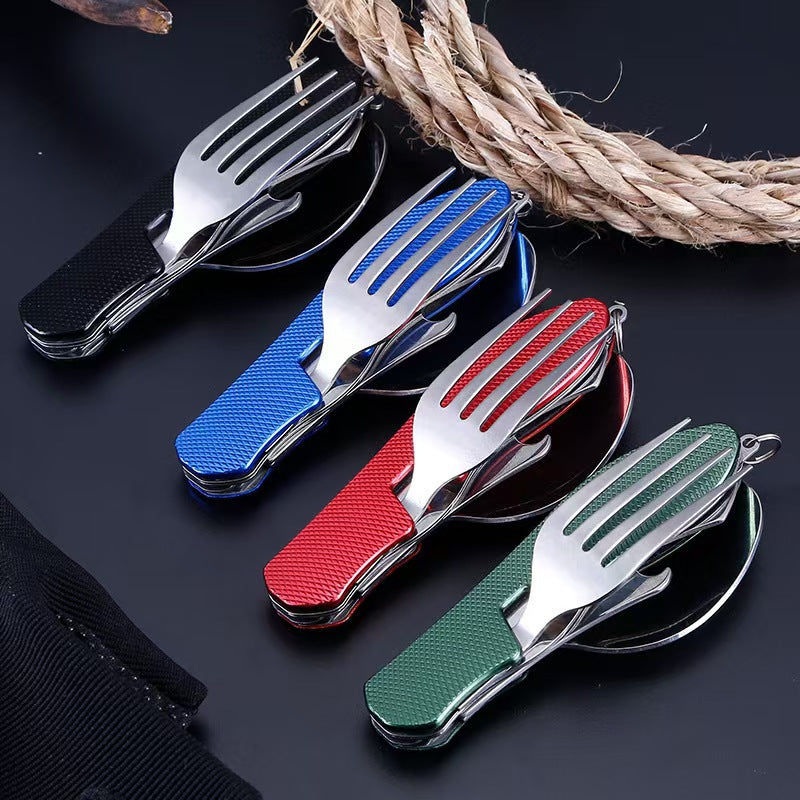 2-PCS Black Stainless Steel Folding Cutlery Set – Compact 3-in-1 Knife, Fork, Spoon with Removable Design for Outdoor Camping, Hiking, Travel, and Picnic Use