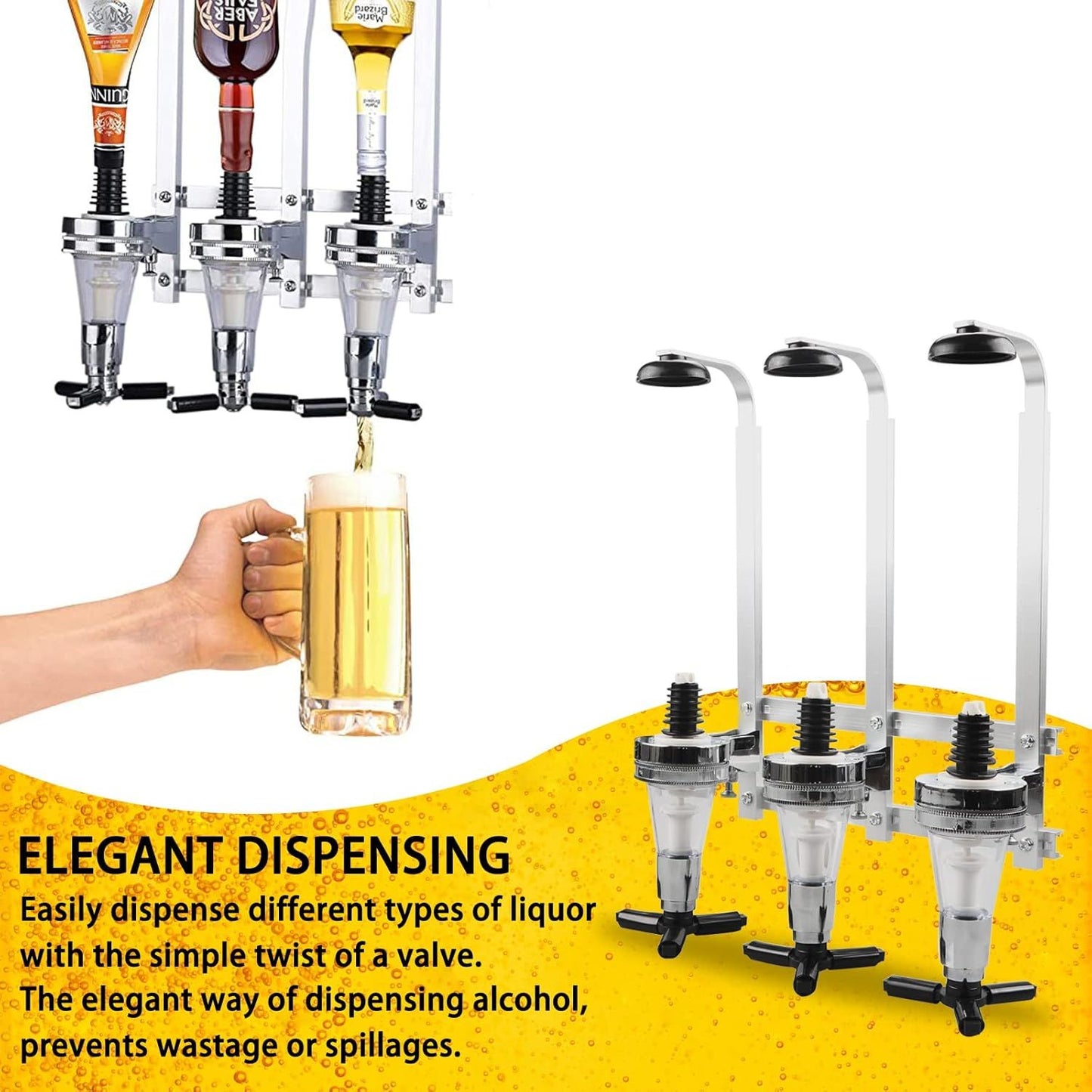 Professional Wall-Mounted Alcohol Tot Dispenser (4 Head) - Heavy Duty Adjustable Metal Wine Rack Decor with Spring-Loaded Bottle Holder