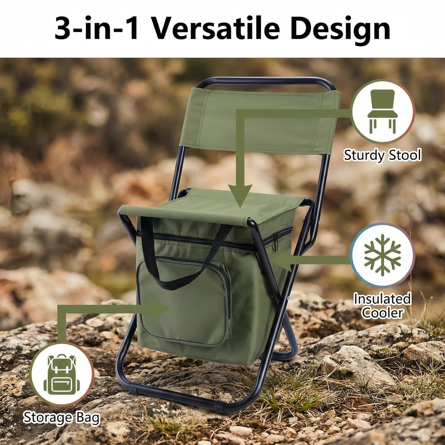 3-in-1 Green Large Portable Folding Camping Chair with Zippered Cooler Bag and 35*35cm Thick Plush Seat Cushion, Outdoor Fishing and Picnic Stool with Backrest and 25 *27 *18.5cm Insulated Storage Pocket
