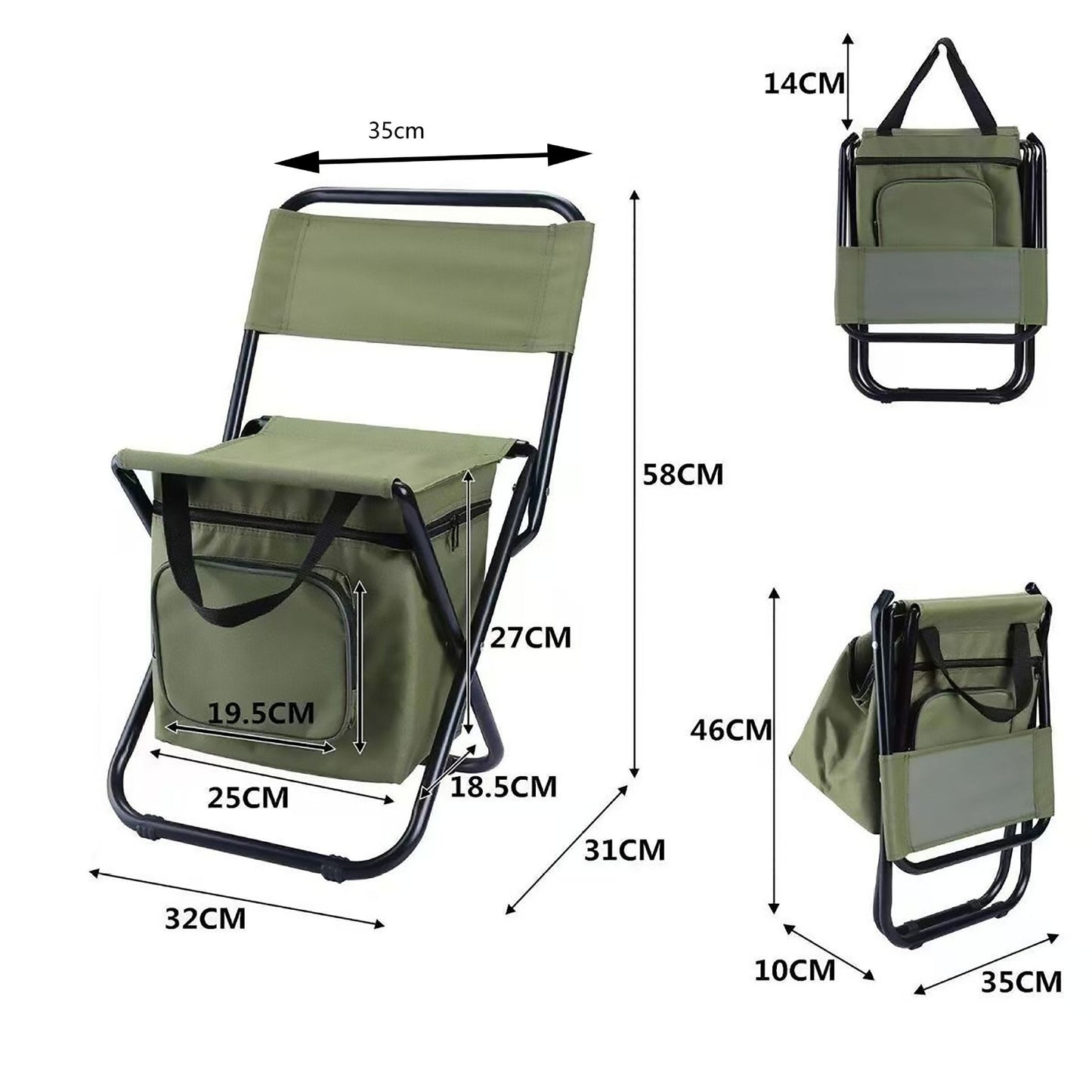 3-in-1 Green Large Portable Folding Camping Chair with Zippered Cooler Bag and 35*35cm Thick Plush Seat Cushion, Outdoor Fishing and Picnic Stool with Backrest and 25 *27 *18.5cm Insulated Storage Pocket
