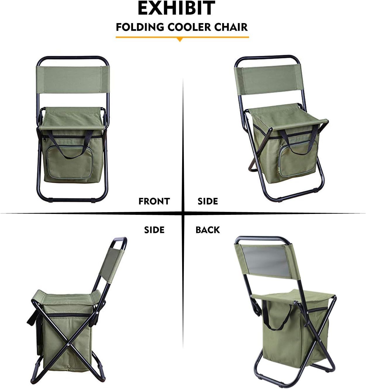 3-in-1 Green Large Portable Folding Camping Chair with Zippered Cooler Bag and 35*35cm Thick Plush Seat Cushion, Outdoor Fishing and Picnic Stool with Backrest and 25 *27 *18.5cm Insulated Storage Pocket