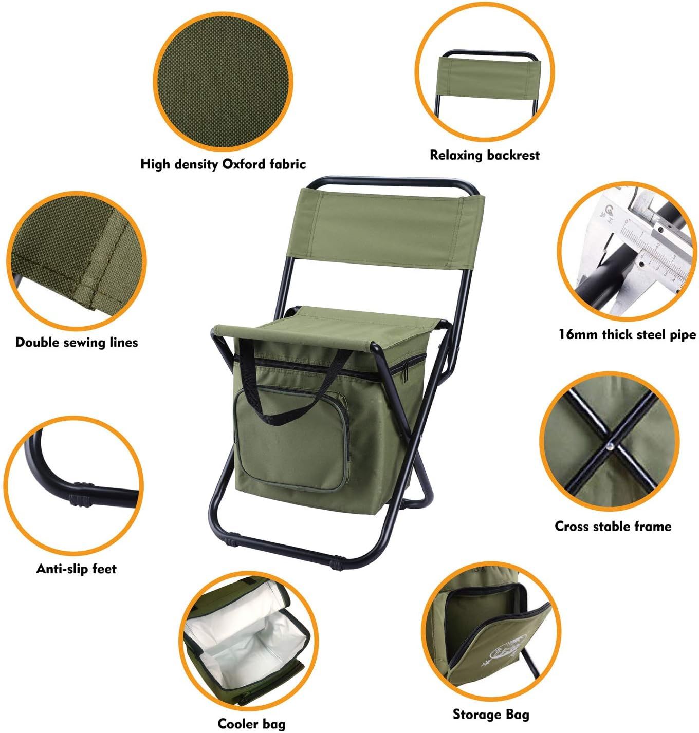 3-in-1 Blue Large Portable Folding Camping Chair with Zippered Cooler Bag and 35*35cm Thick Plush Seat Cushion, Outdoor Fishing and Picnic Stool with Backrest and 25 *27 *18.5cm Insulated Storage Pocket