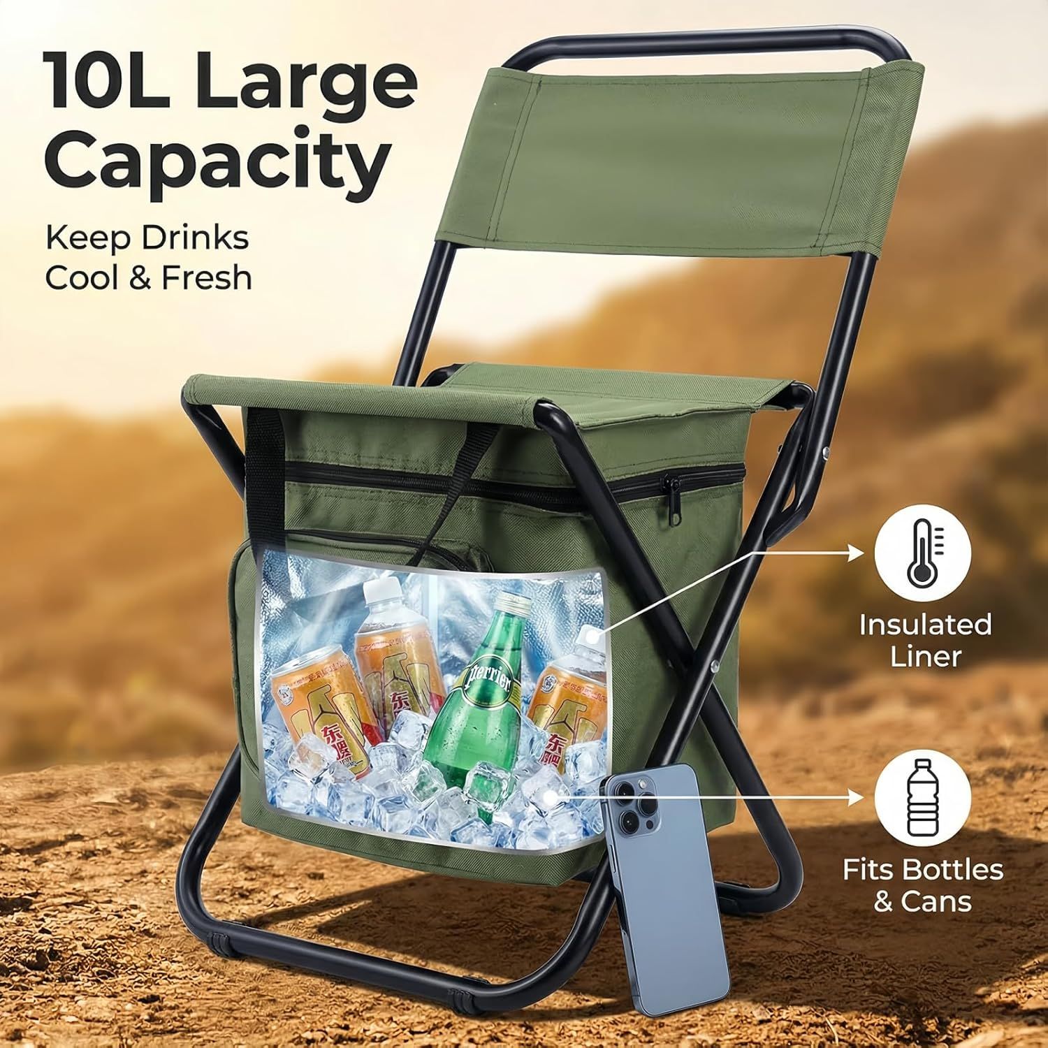 3-in-1 Camouflage Large Portable Folding Camping Chair with Zippered Cooler Bag and 35*35cm Thick Plush Seat Cushion, Outdoor Fishing and Picnic Stool with Backrest and 25 *27 *18.5cm Insulated Storage Pocket