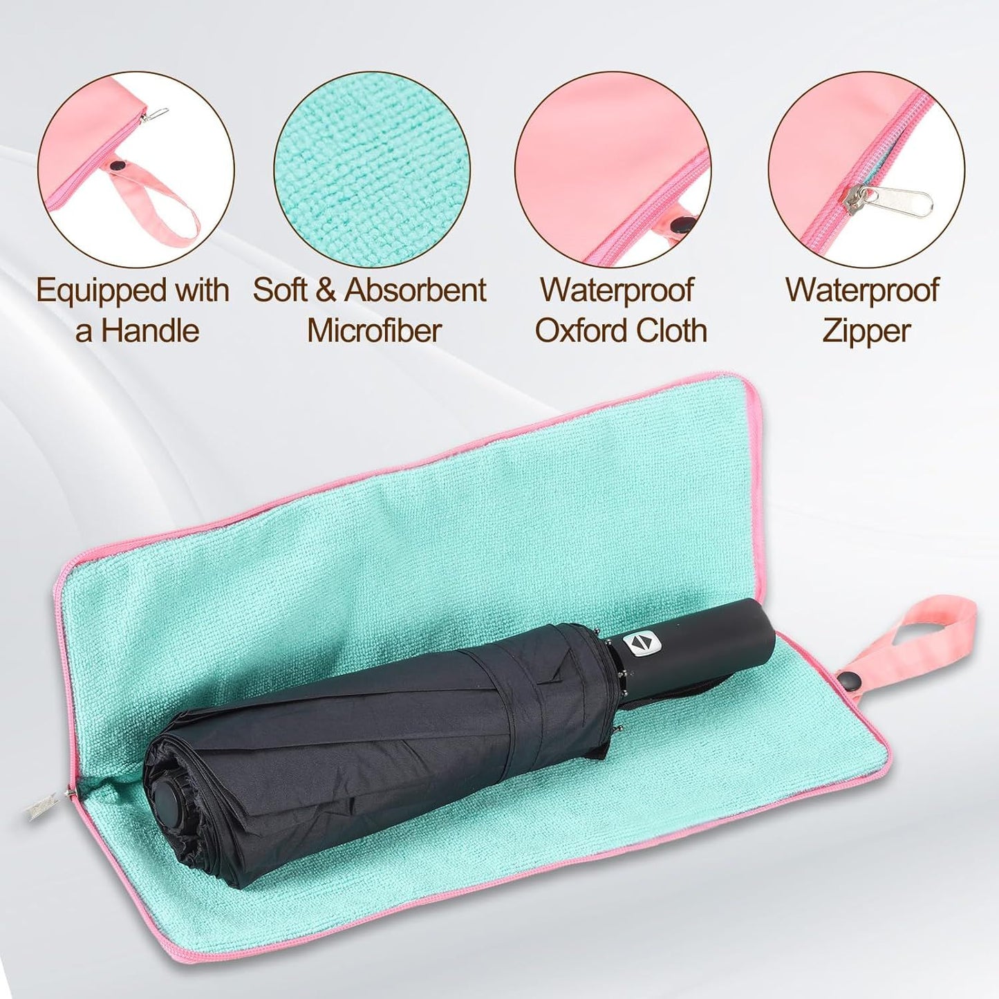2-Pack Foldable Waterproof Umbrella Storage Sleeve with Zippers, Carry Handle and Absorbent Microfiber Lining - Reusable Hanging Umbrella Pouch for Home Office School Travel and Car Use, Pink 15 x 5 inch