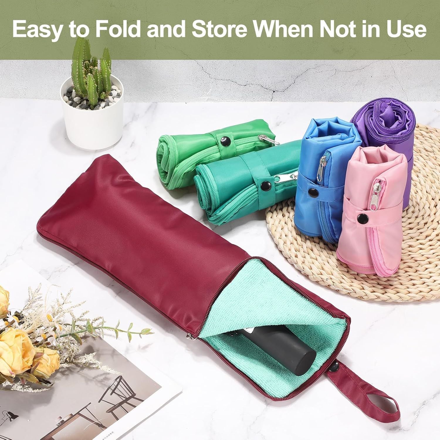 2-Pack Foldable Waterproof Umbrella Storage Sleeve with Zippers, Carry Handle and Absorbent Microfiber Lining - Reusable Hanging Umbrella Pouch for Home Office School Travel and Car Use, Light Blue 15 x 5 inch